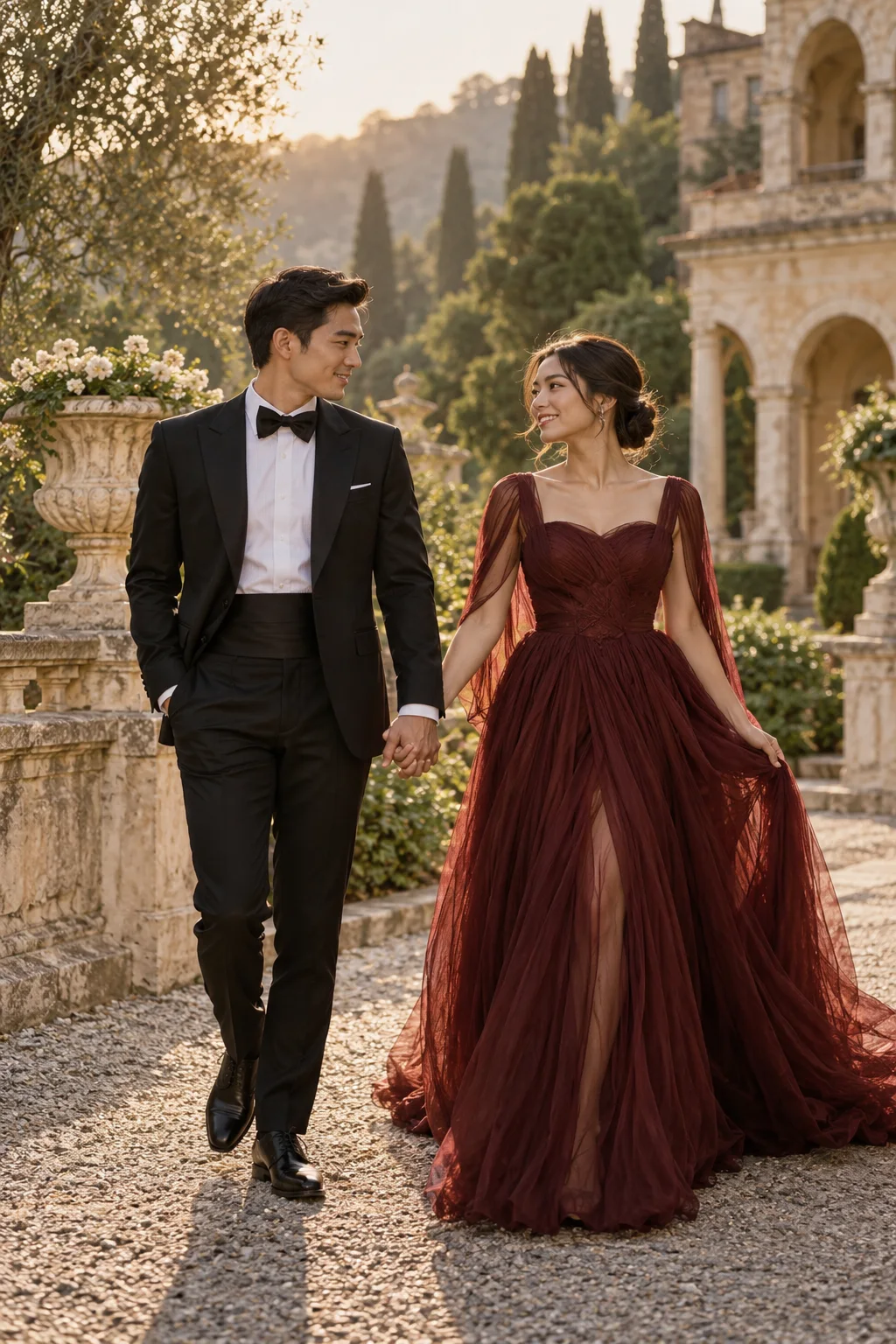 Ilustrasi Kevin dan Michelle dalam busana formal burgundi